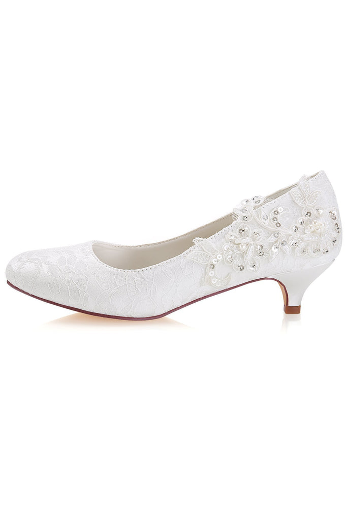 White Lace Sequins Wedding Shoes Lower heel Evening Shoes