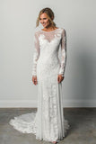 Sheath A Line Long Sleeves Ivory Rustic Lace Backless Scoop Neck Beach Wedding Dresses