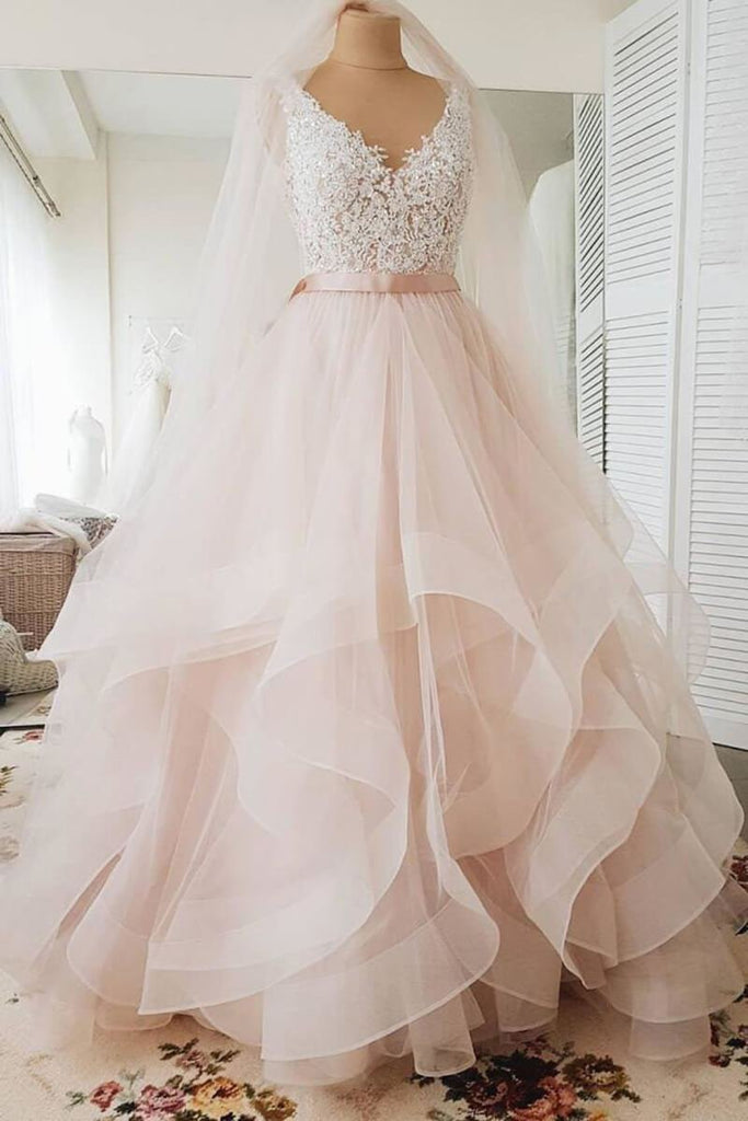 A Line Blush Pink Lace Sweetheart Backless Multi-Layered Organza Beach Wedding Gowns