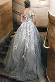 2022 Vintage Silver Off the Shoulder Lace Appliques Tulle Sweetheart Beach Wedding Dresses
