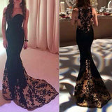 Mermaid Sweetheart Sweep Train Tulle Satin Black with Appliques Lace Prom Dresses