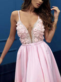 A Line Pink V Neck Sleeveless Spaghetti Straps High Slit Prom Dresses With Appliques