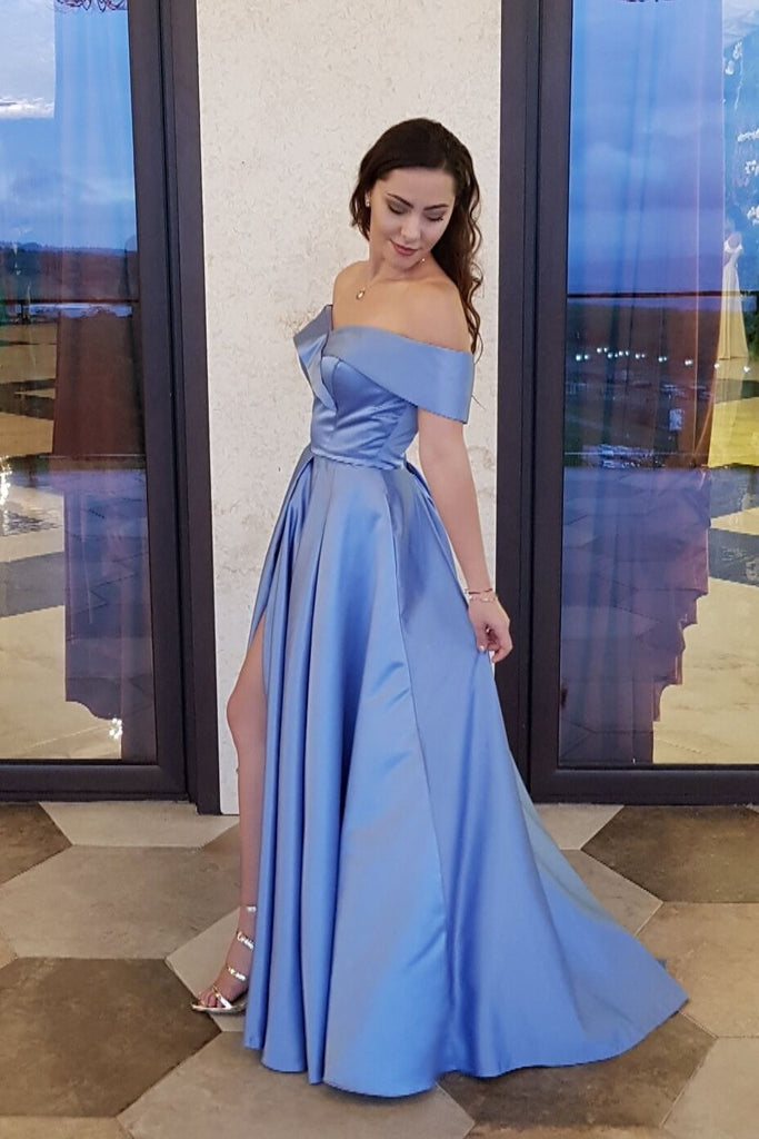 Unique A line Blue Off the Shoulder Sweetheart High Slit Satin Long Prom Dresses