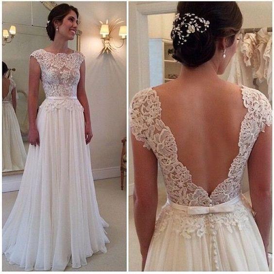 A-line Round Neckline Chiffon Lace Long Open Back Sleeves Wedding Dresses