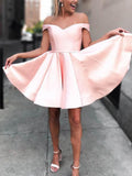 Cute A Line Off the Shoulder Open Back Sweetheart Pink Satin Short Homecoming Dresses
