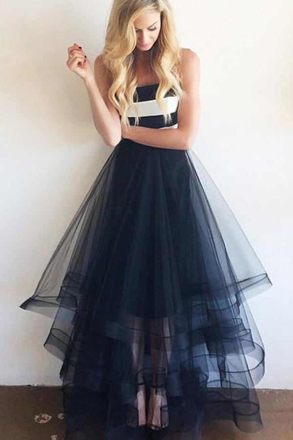 Cheap Tulle Navy Blue and White Stripe Simple Long Sleeveless Strapless Prom Dresses