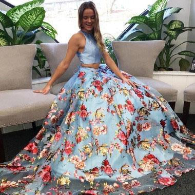 A Line Floral Two Piece Round Neck Sweep Train Blue Organza Prom Dresses
