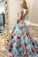 A Line Floral Two Piece Round Neck Sweep Train Blue Organza Prom Dresses