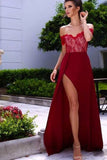 Burgundy A-Line Off-the-Shoulder Sleeveless Sweetheart High Split Lace Long Prom Dresses