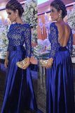 Elegant A Line Round Neck Open Back Long Sleeves Royal Blue Lace Long Prom Dresses