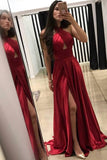A-Line Cross Neck Floor-Length Sleeveless Dark Red Prom Dresses with Split Keyhole