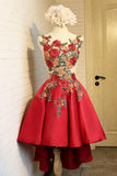 A Line Red Appliques Lace High Low Lace up Satin Scoop Homecoming Dresses