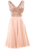 A Line Blush Pink V Neck Chiffon Short Bridesmaid Dress with Rose Gold Sequins
