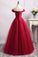 A Line Long Red Tulle Off the Shoulder Lace up Bowknot Floor Length Prom Dresses