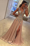 A-line V-neck Satin Brown Sweep Train Appliques Lace with Slit Sleeveless Prom Dresses
