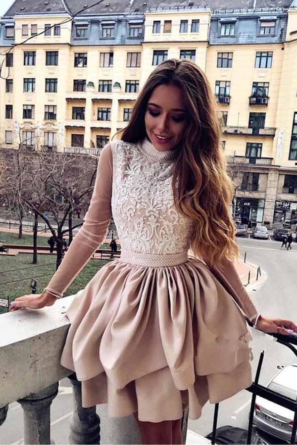 A Line High Neck Long Sleeve Pleats Open Back Satin Short Homecoming Dresses with Lace