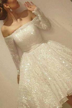 Noble Sparkle White Sequined Lace Prom Dress Sexy Off The Shoulder Long Sleeves Party Dress