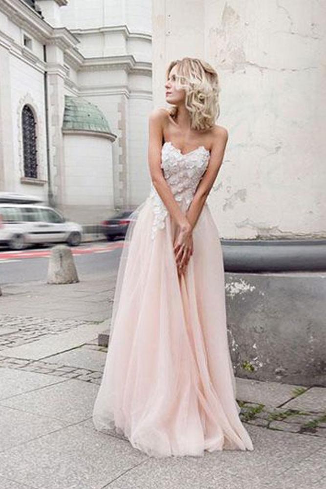 A Line Sweetheart Tulle Pink Prom Dresses with Appliques Beach Wedding Dresses